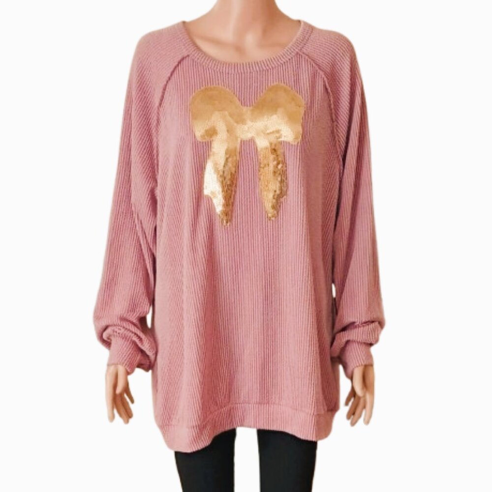 Heimish Sequined Bow Top XL Women's Pink Ribbed Long Sleeve Gold Sequins Stretch